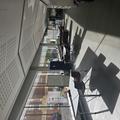 Photograph of the atrium common area, with tables and chairs and large windows along one side