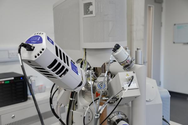 The images focuses on the energy-dispersive x-ray spectroscopy detector system. The background includes the rest of the FEI Quanta 650 in the Earth Sciences Department E-Beam Suite