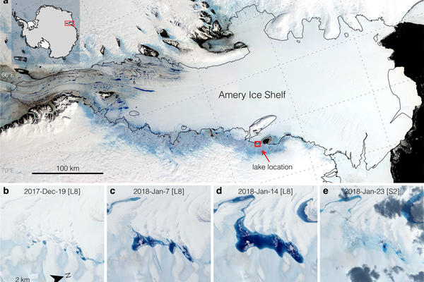 Satellite images across multiple panels showing supraglacial lakes on the Amery Ice Shelf disappearing 