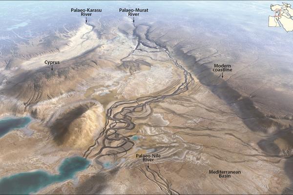 Aerial view of the eastern Mediterranean 5.5 million years ago, showing ancient river systems meandering through a desert landscape