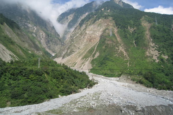 Landslides on the hillsides and sediment on the river valley sides at Longmen Shan, Sichuan China
