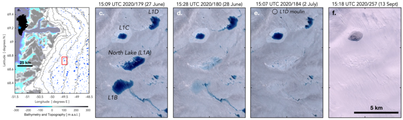 Supraglacial Lake Drainage (Figure) Satellite images showing lakes on the Greenland Ice sheet draining and disappearing through time