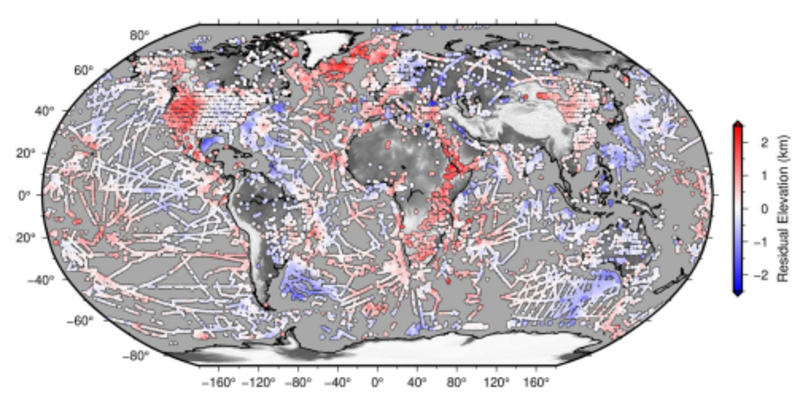 Global residual topography and bathymetry Map of the globe showing global residual topography and bathymetry with red and blue shading