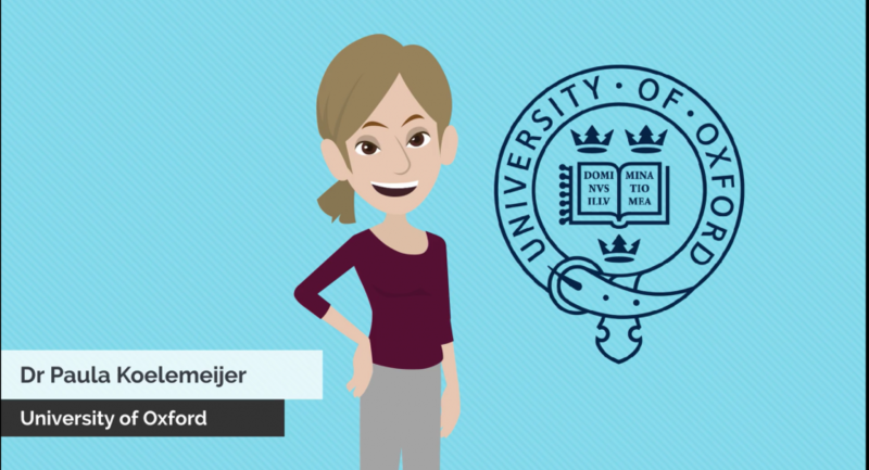 A cartoon of Paula wearing a red top and grey trousers. She is on a light blue background with the Oxford University Logo.