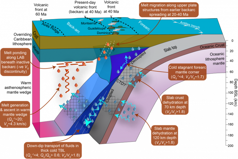 Schematic of a Subduction Zone Schematic view of dehydration and melting processes in the mantle wedge beneath the Lesser Antilles Arc (LAA) based on our combined interpretation of seismic attenuation and velocities.