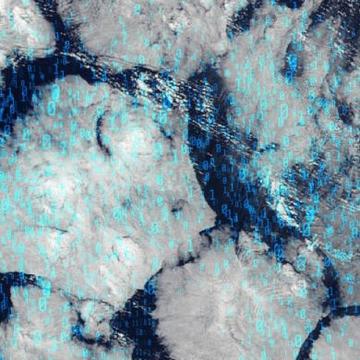AI Environment Image A satellite image of clouds and ocean with light blue binary code (1s and 0s) overlain on top