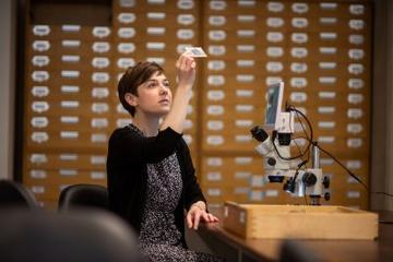 Ally Morton-Hayward pictured in a lab Ally Morton-Hayward pictured in a lab next to a microscope. She is holding a microscope slide up to the light and is looking at it.
