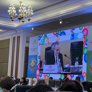 Gideon Henderson speaking at a conference, projected as a video feed onto a large screen