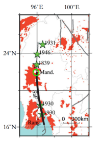Map of area near the Sagaing fault (SaF), Myanmar (Burma)